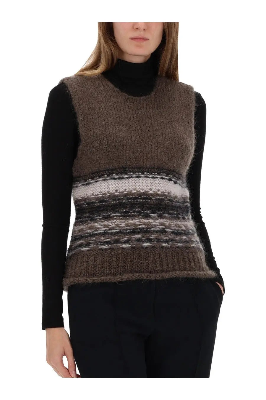 Brown knit mohair vest with horizontal black white and gray stripes from Our Legacy womens multicolor collection
