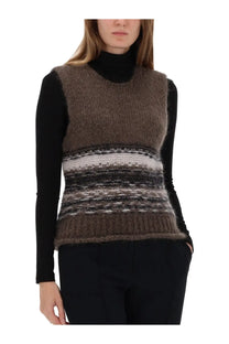 Brown knit mohair vest with horizontal black white and gray stripes from Our Legacy womens multicolor collection