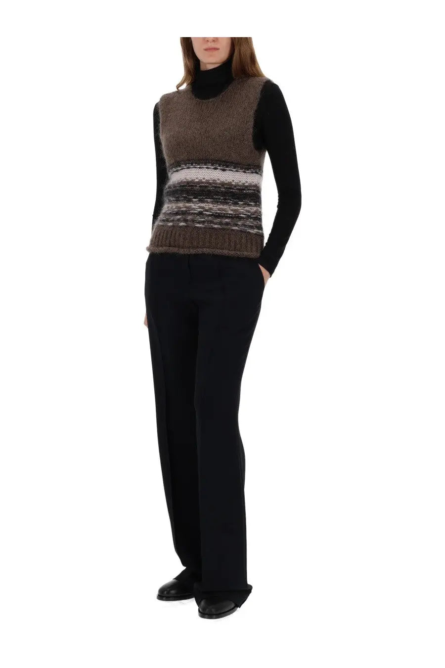 Our Legacy women’s mohair vest in brown with a horizontal striped pattern in brown gray and white knitted sleeveless