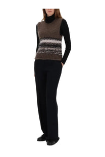 Our Legacy women’s mohair vest in brown with a horizontal striped pattern in brown gray and white knitted sleeveless