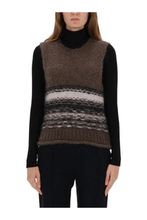 Our Legacy women’s mohair vest in earth tones with horizontal brown gray and white stripes for cozy wear