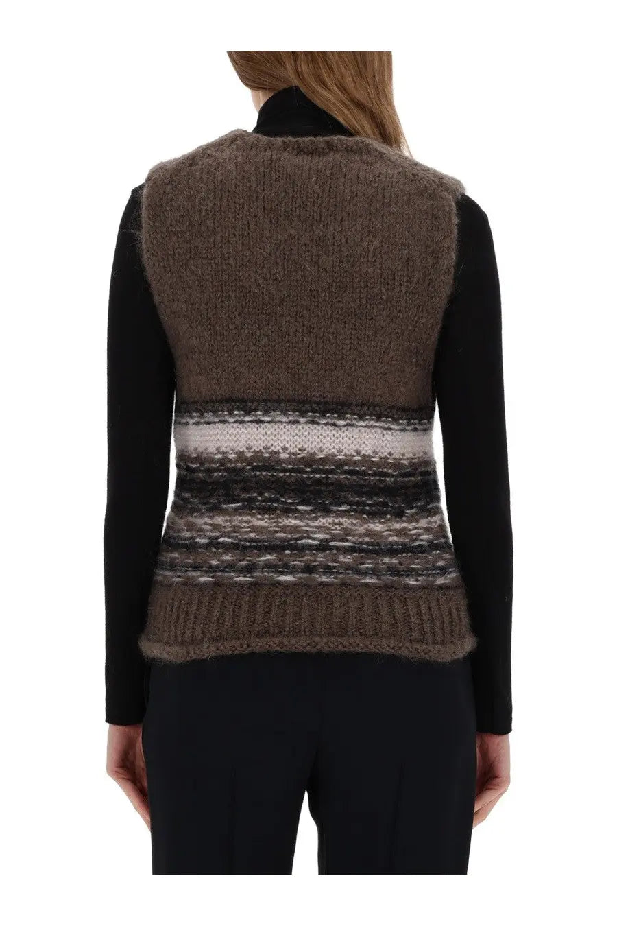 Our Legacy women’s mohair vest in textured earth tones with horizontal brown and gray stripes