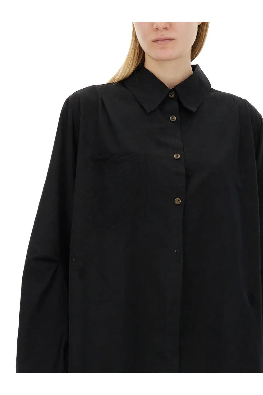 Our Legacy women’s oversize fit black button-up shirt with classic collar and subtle shoulder pleats