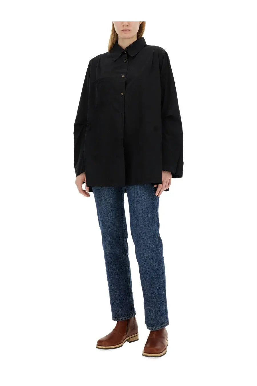 Our Legacy women’s oversize fit shirt black with classic collar long sleeves and button-up design in cotton fabric