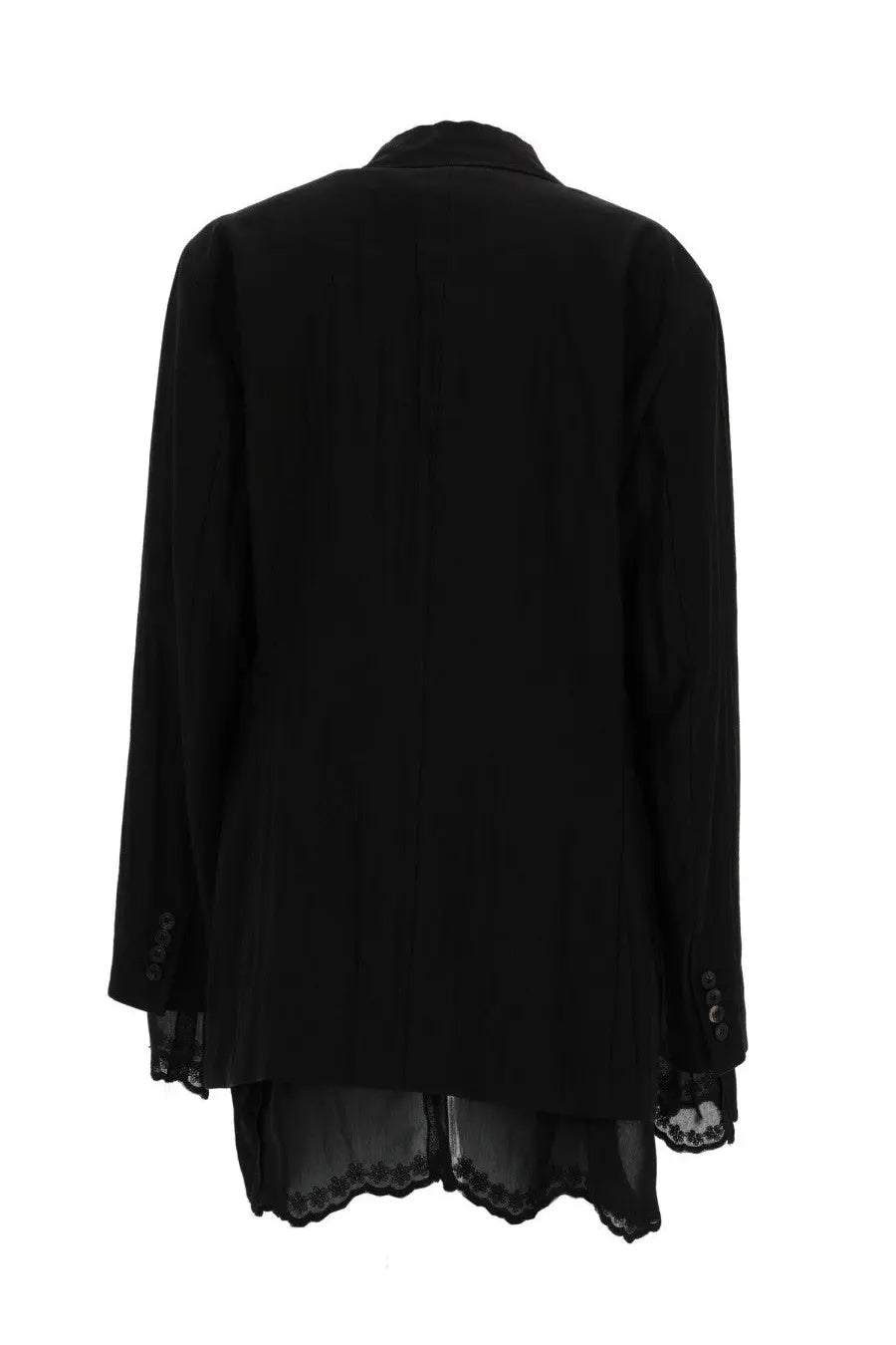 Black blazer by Our Legacy women’s reversible blazer with delicate lace trim at cuffs and hem