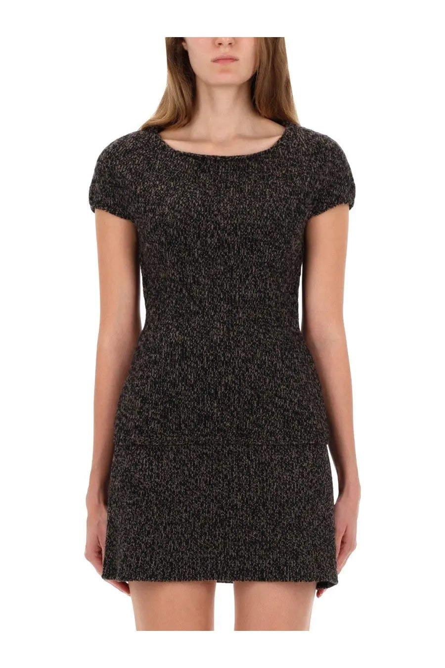Our legacy women’s sculpt shirt multicolor black and silver textured knit mini dress with short sleeves front view