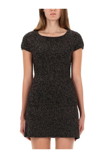 Our legacy women’s sculpt shirt multicolor black and silver textured knit mini dress with short sleeves front view