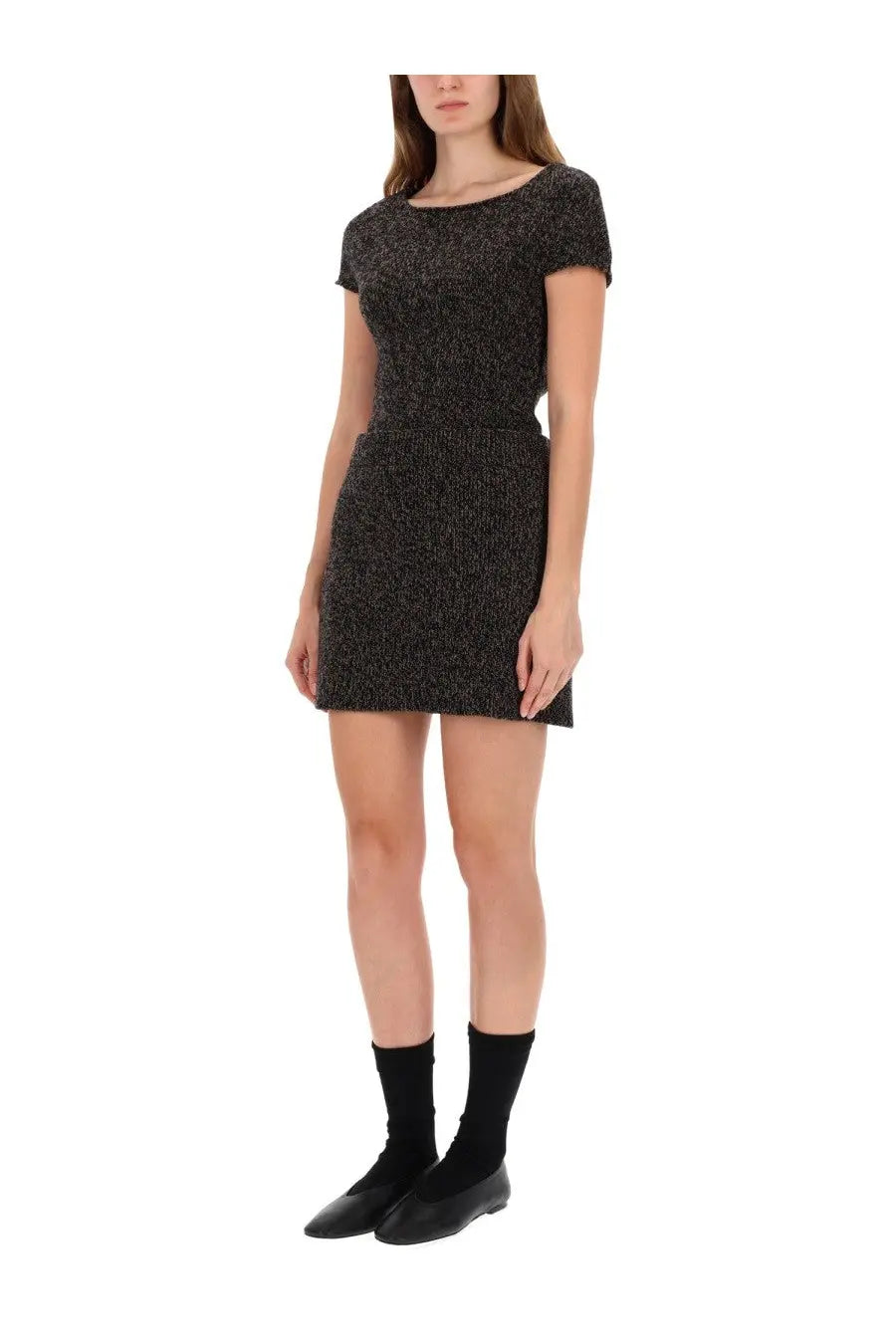 Our Legacy women’s sculpt shirt multicolor textured knit mini dress with short sleeves and fitted silhouette in black