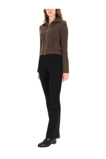 Our legacy women’s brown knit zip-up jacket with textured shimmer and contrasting silver zipper