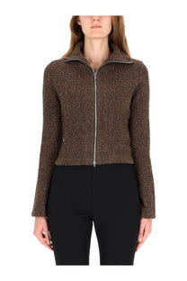 Our legacy women’s shirt brown brown textured knit zip-up jacket with silver zipper and collar