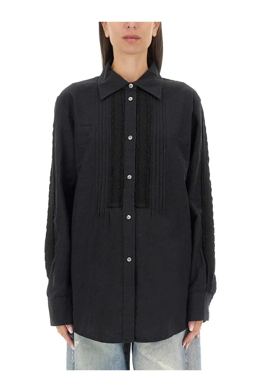 Our Legacy women’s black button-down shirt with textured pleated detailing down the front and sleeves
