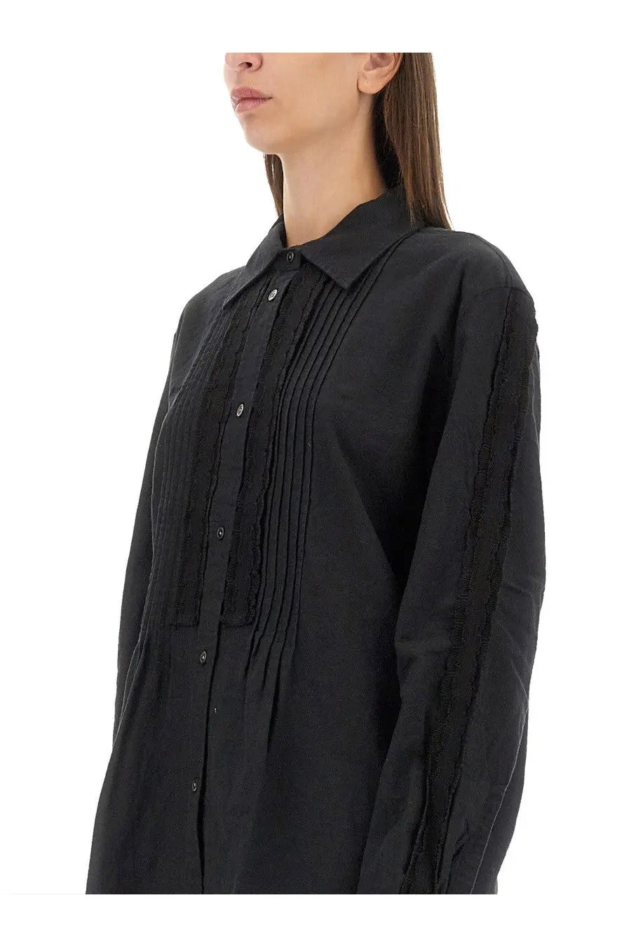 Our Legacy women’s black shirt with long sleeves button-up closure pleated front and textured side panels