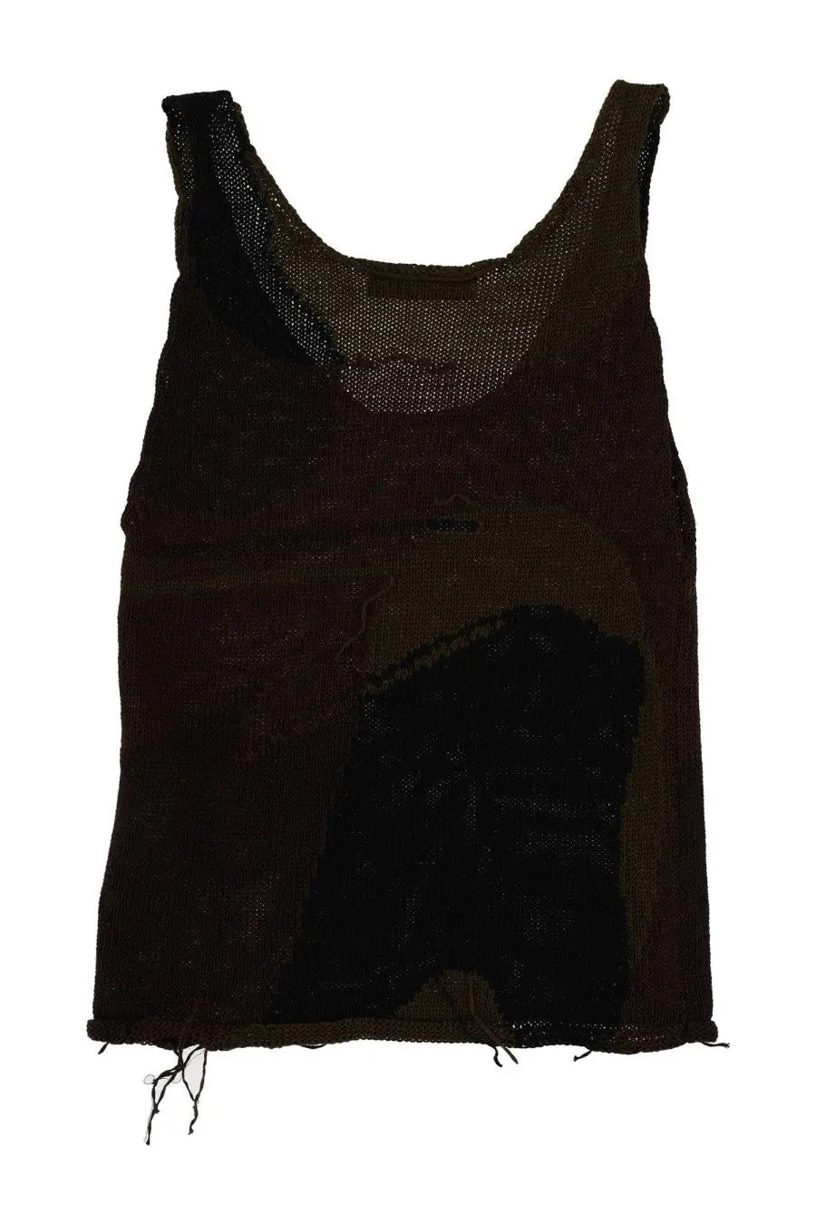 Our Legacy women’s solo brown tank top with black mesh, distressed patchwork design, and frayed hem