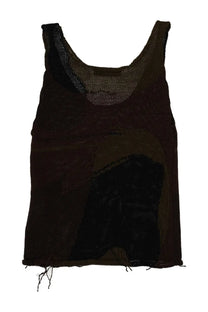 Our Legacy women’s solo brown tank top with black mesh, distressed patchwork design, and frayed hem