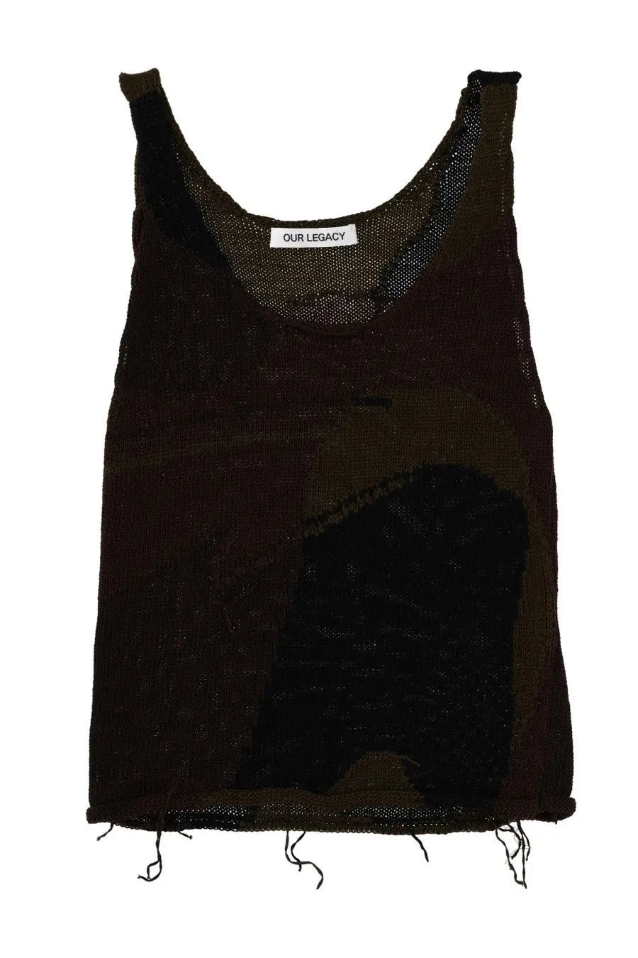 Our Legacy women’s black mesh tank top with distressed patchwork design and frayed hem in solo brown color