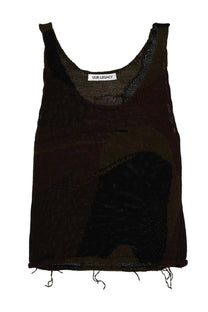 Our Legacy women’s black mesh tank top with distressed patchwork design and frayed hem in solo brown color