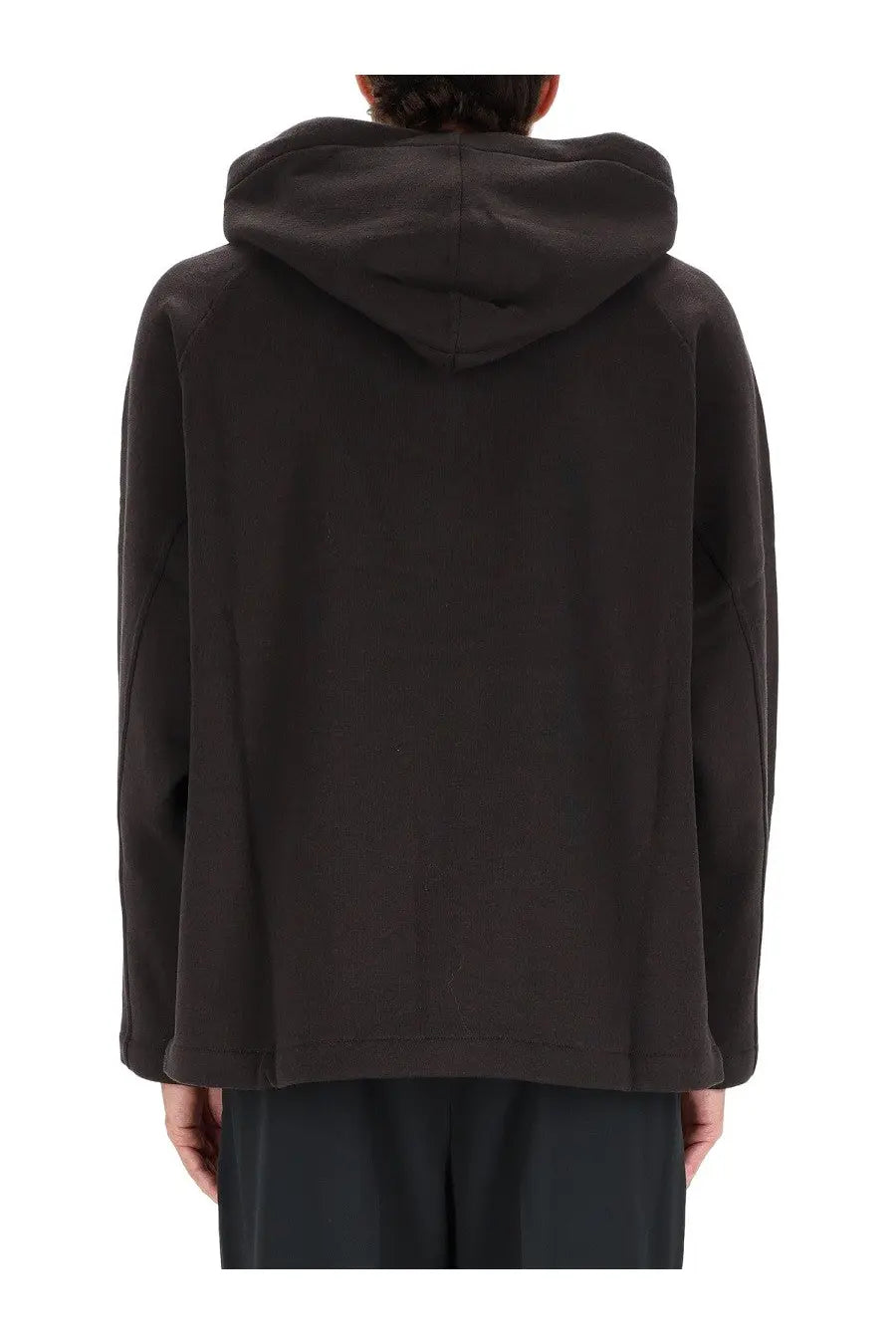 Black hooded jacket with a relaxed minimalist design and smooth fabric in lemaire men’s hoodie grey style