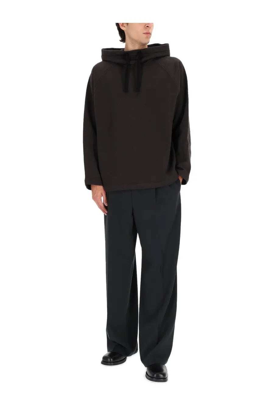 Lemaire men’s grey oversized hoodie with drawstring hood and long sleeves in soft cotton blend material