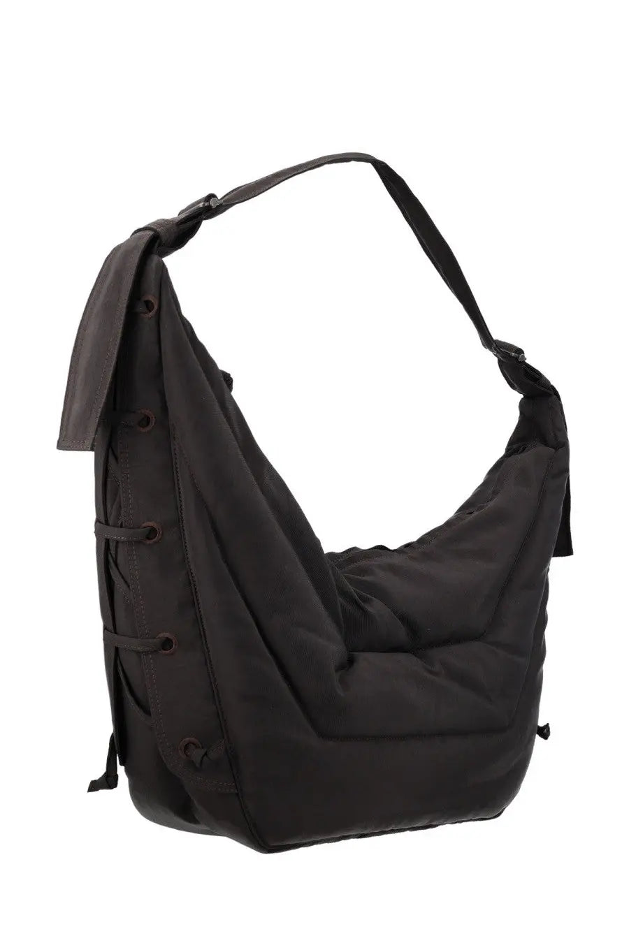 Lemaire men’s large soft game bag black nylon hobo bag with adjustable strap and front lacing detail