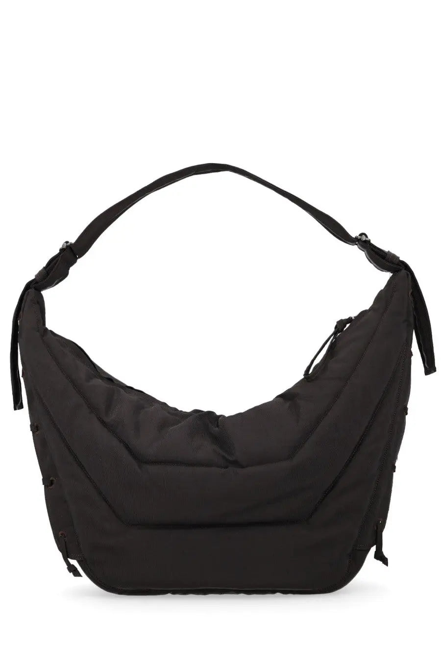 Lemaire men’s large soft game bag black nylon hobo bag with curved slouchy silhouette and adjustable shoulder strap