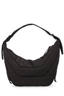 Lemaire men’s large soft game bag black nylon hobo bag with curved slouchy silhouette and adjustable shoulder strap