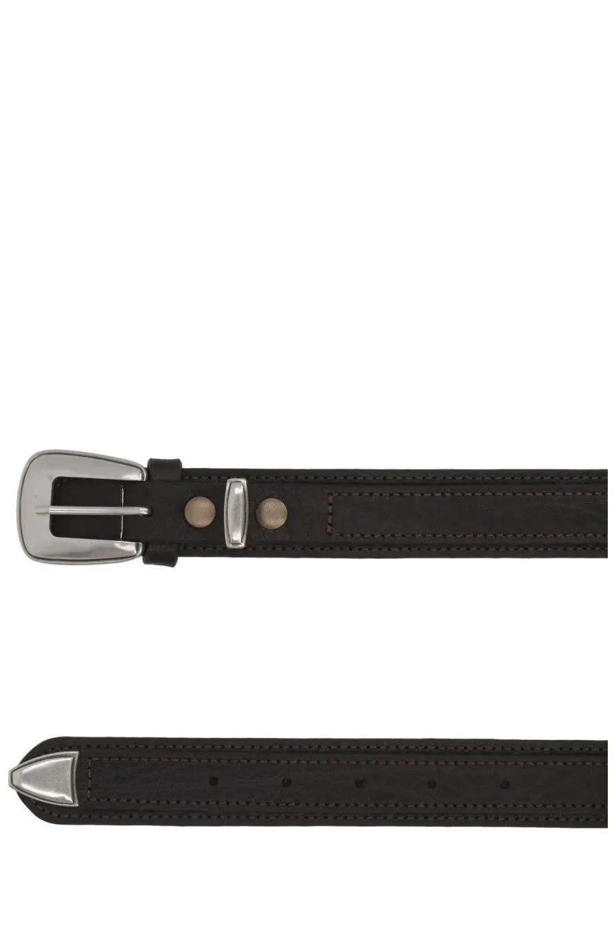 Lemaire men’s minimal western belt brown made of black leather with a silver-toned buckle and matching metal tip