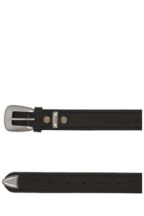 Lemaire men’s minimal western belt brown made of black leather with a silver-toned buckle and matching metal tip