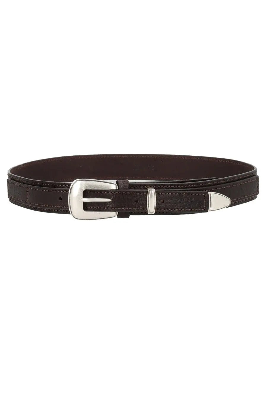 Lemaire men’s minimal western belt brown dark brown leather with silver-toned buckle and matching metal tip