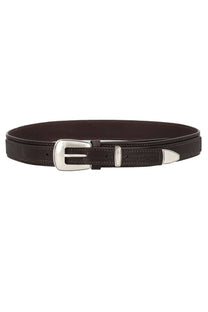 Lemaire men’s minimal western belt brown dark brown leather with silver-toned buckle and matching metal tip
