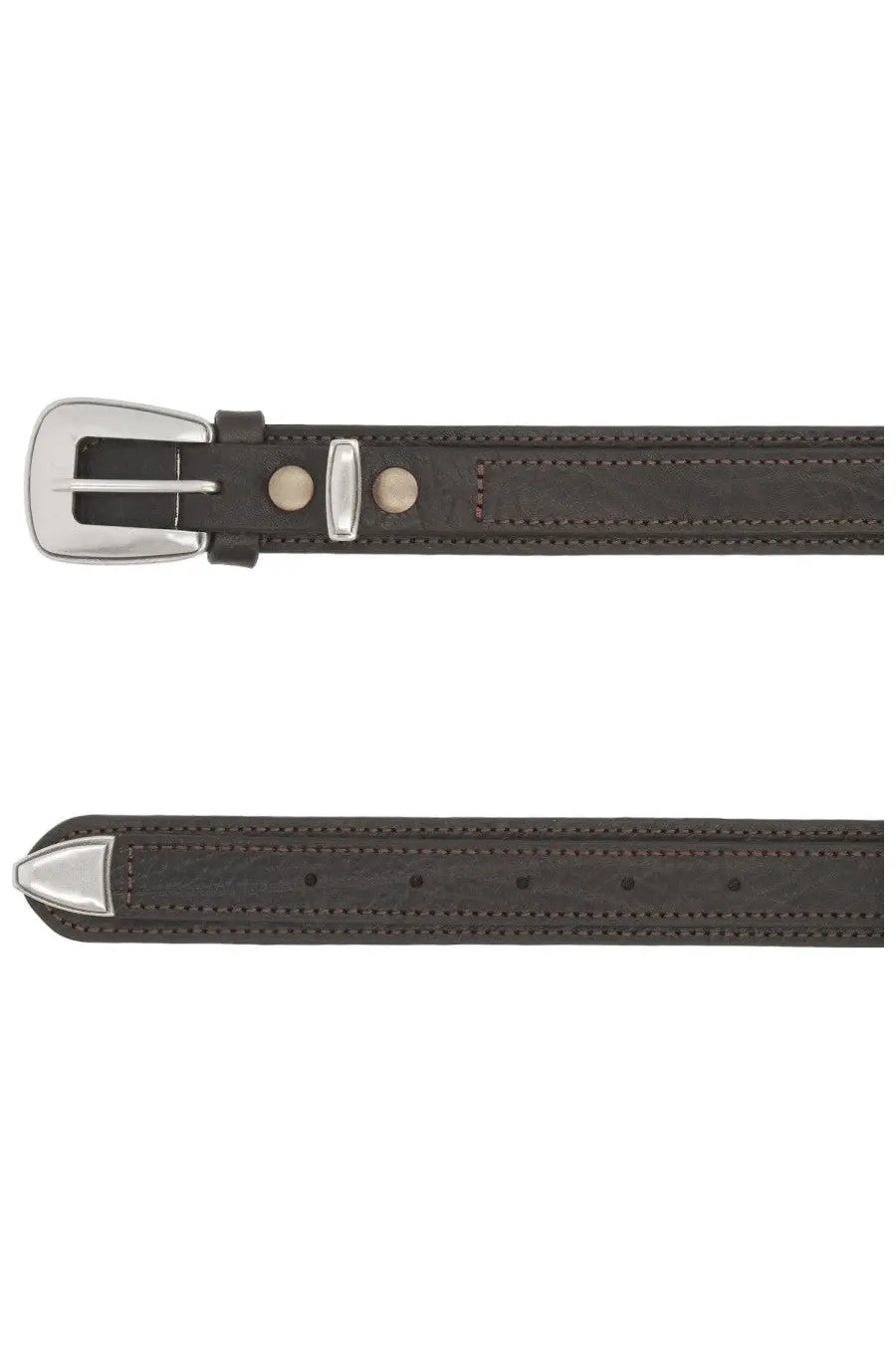 Lemaire men’s minimal western belt in dark brown leather with silver-toned buckle and matching metal tip