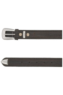 Lemaire men’s minimal western belt in dark brown leather with silver-toned buckle and matching metal tip