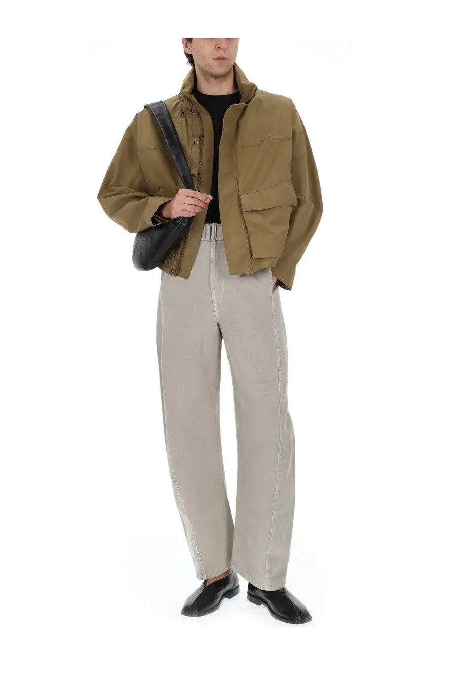 Olive green utility jacket with flap pockets and button closures from lemaire men’s parka short rain beige collection