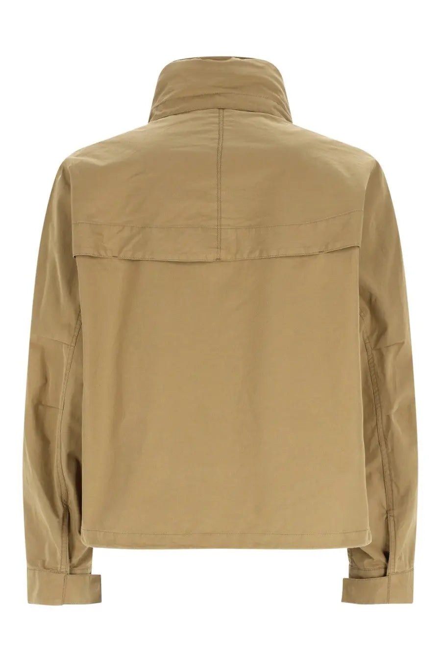 Back view of lemaire men’s parka short rain beige utility jacket with high collar and two horizontal back seams