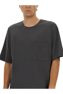 Lemaire men’s relaxed fit dark gray oversized short-sleeve shirt with single chest pocket and soft fabric