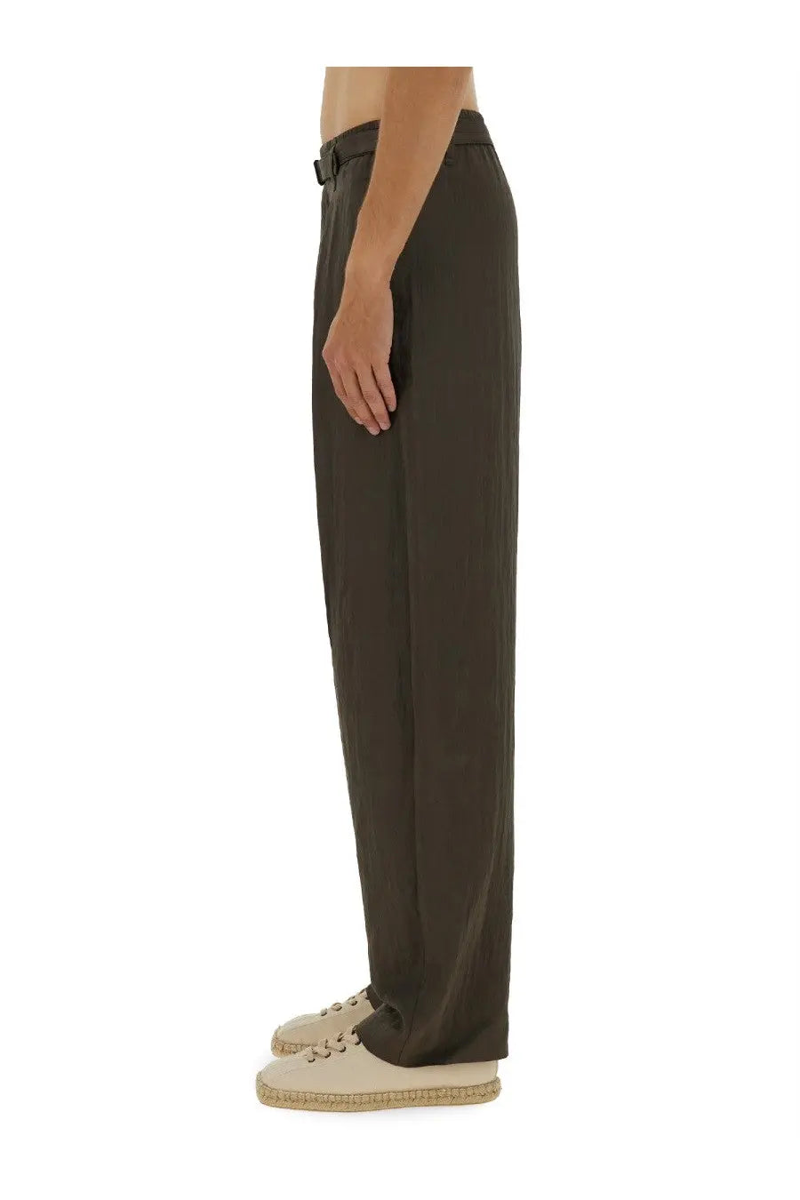 Lemaire men’s relaxed dark olive trousers with sleek straight-leg design and minimalist style