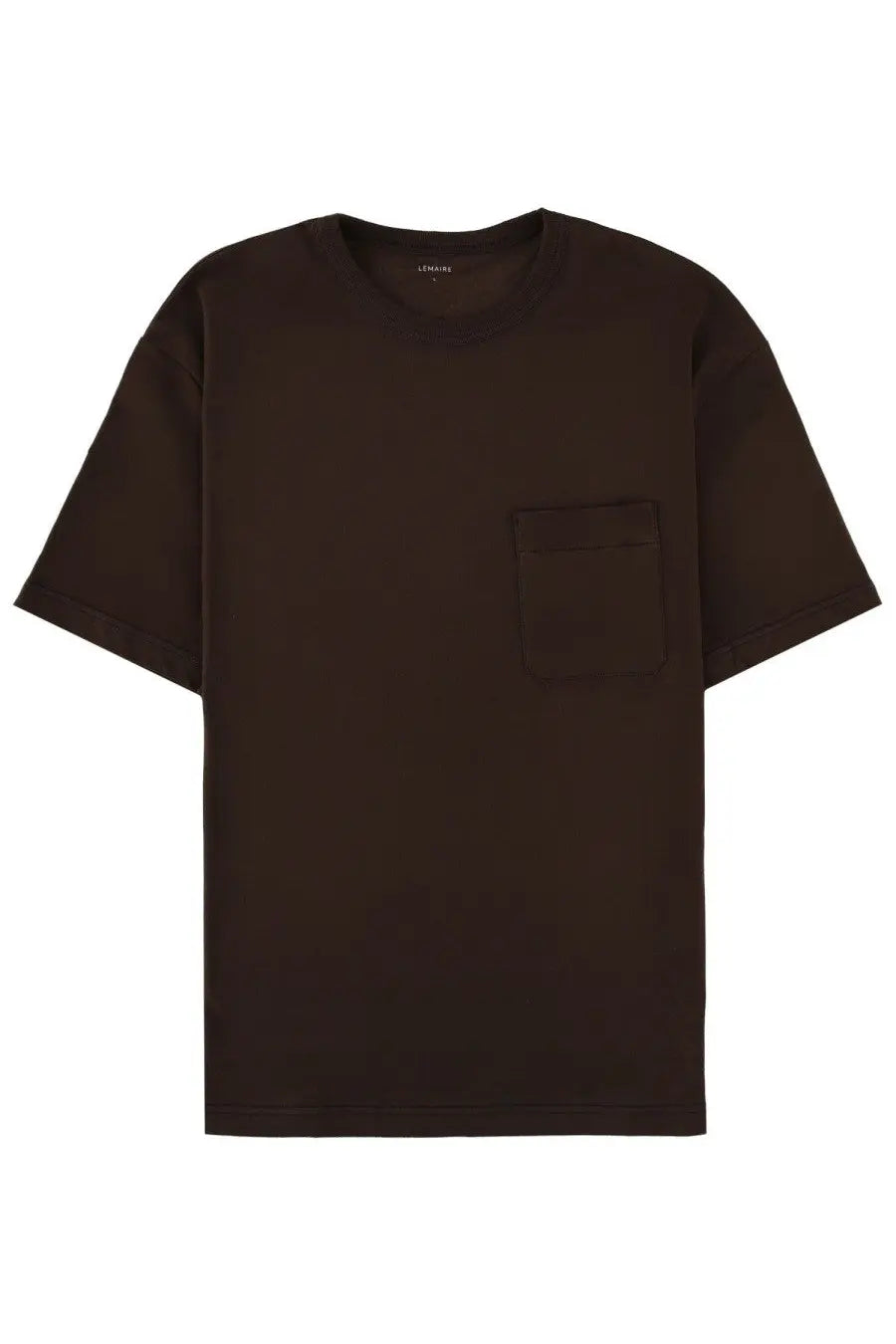 Lemaire men’s brown shirt with chest pocket short sleeves crew neck relaxed fit black fabric front view