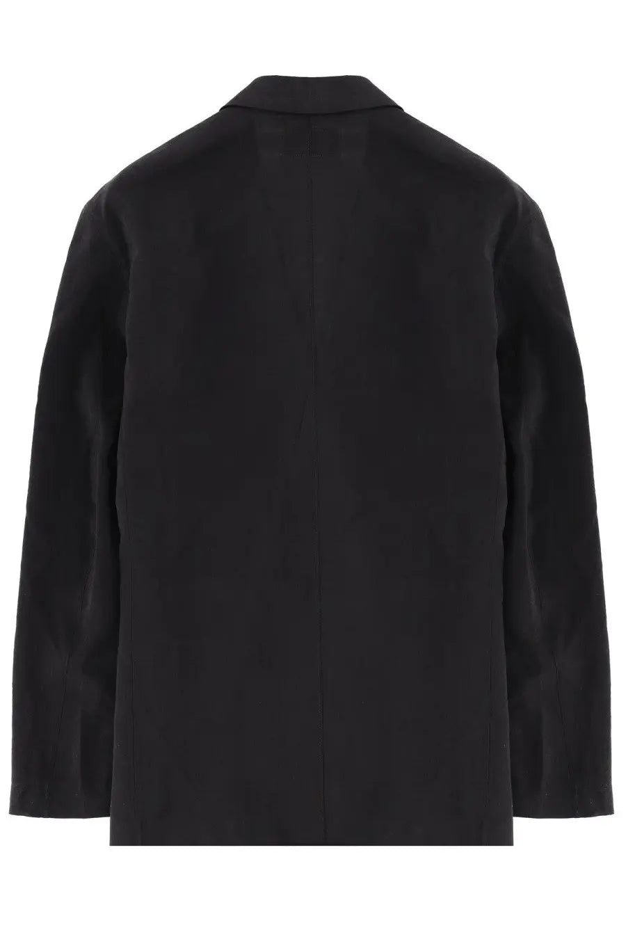 Lemaire men’s black silk double breasted blazer with sleek minimalist design and smooth fabric front view