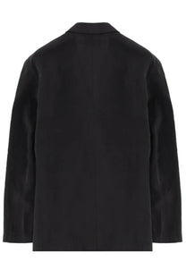 Lemaire men’s black silk double breasted blazer with sleek minimalist design and smooth fabric front view