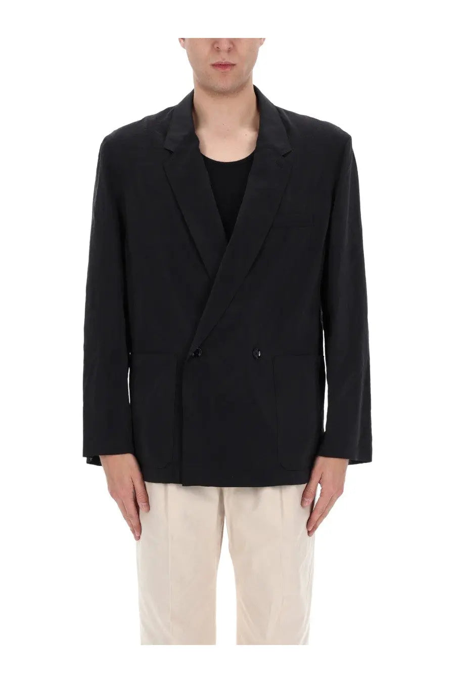 Lemaire men’s black silk double breasted blazer with sleek minimalist design and subtle texture