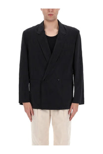 Lemaire men’s black silk double breasted blazer with sleek minimalist design and subtle texture