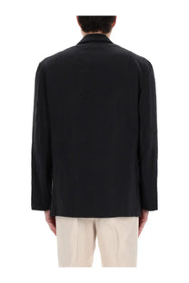 Lemaire men’s black silk double breasted blazer with sleek minimalist design and smooth fabric for formal wear