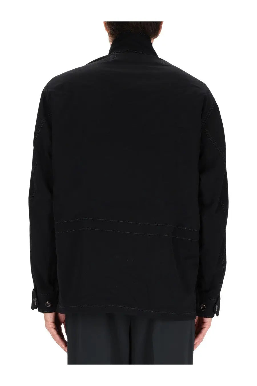 Lemaire men’s soft field jacket in black cotton with subtle stitching details and buttoned cuffs visible in front view