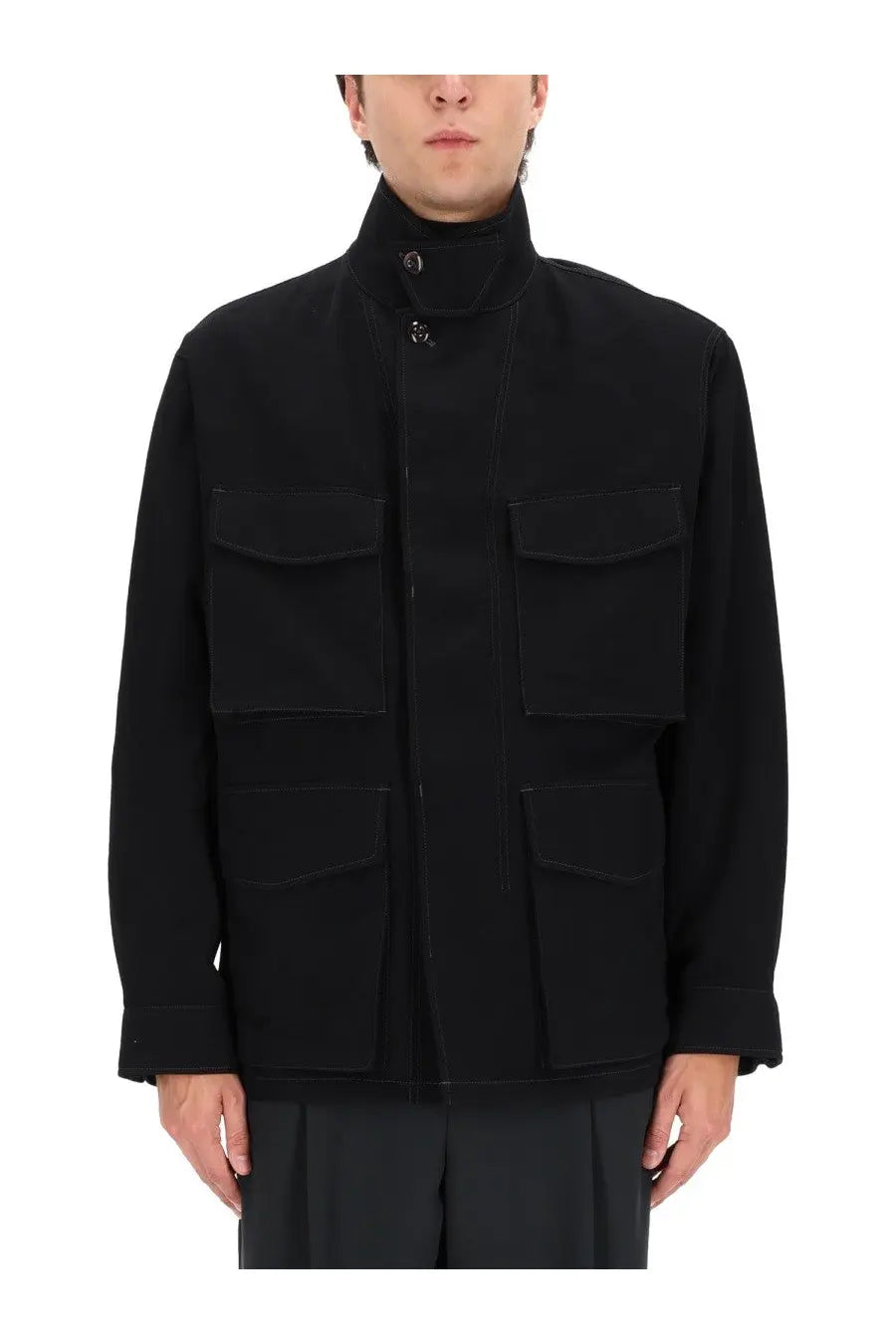 Lemaire men’s soft field jacket black wool blend utility jacket with four flap pockets and high collar