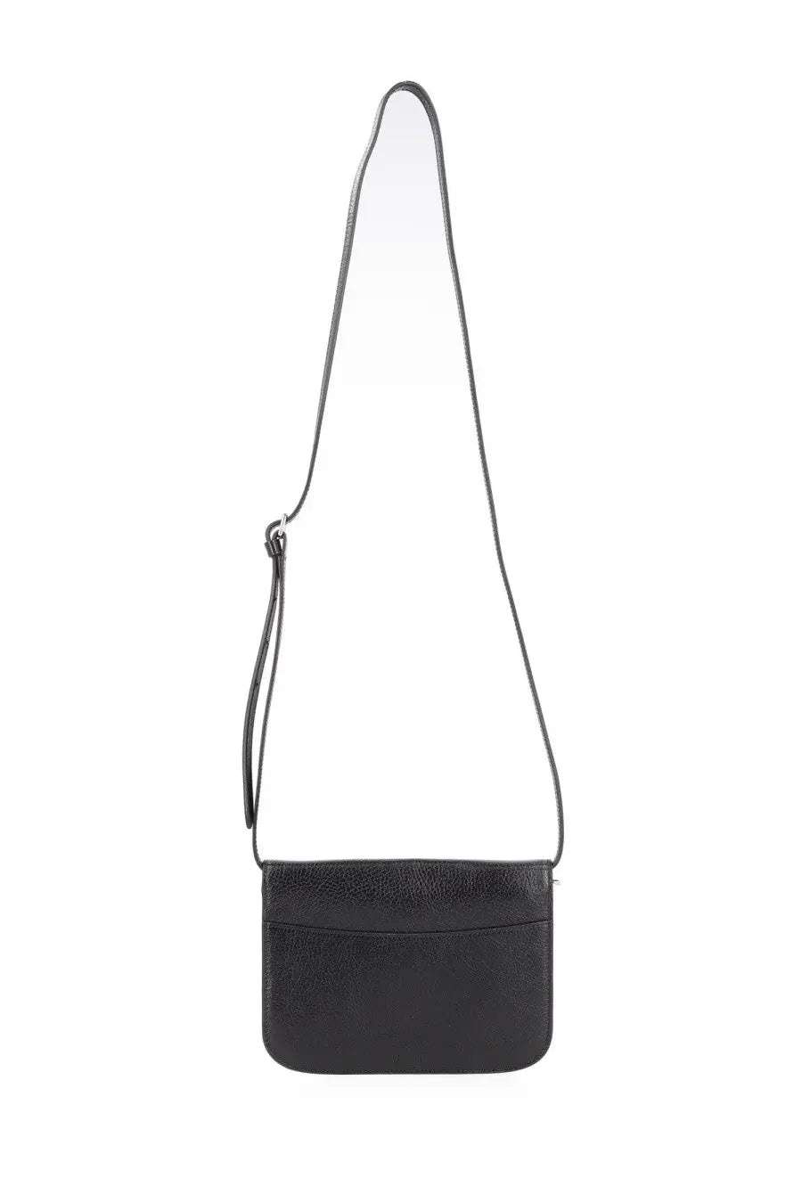 Lemaire men’s soft tab wallet black featuring a black textured leather crossbody bag with a slender adjustable strap