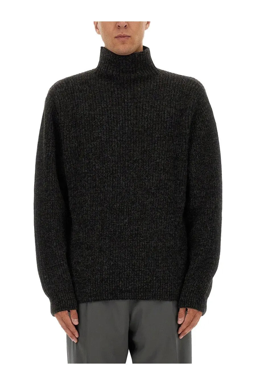 Lemaire men’s turtleneck sweater in dark charcoal gray textured knit with ribbed collar and cuffs