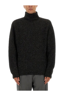 Lemaire men’s turtleneck sweater in dark charcoal gray textured knit with ribbed collar and cuffs