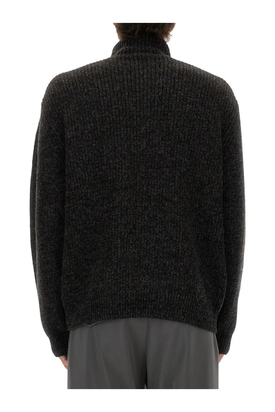 Lemaire men’s turtleneck sweater in black dark gray ribbed knit with a high collar for cold weather wear