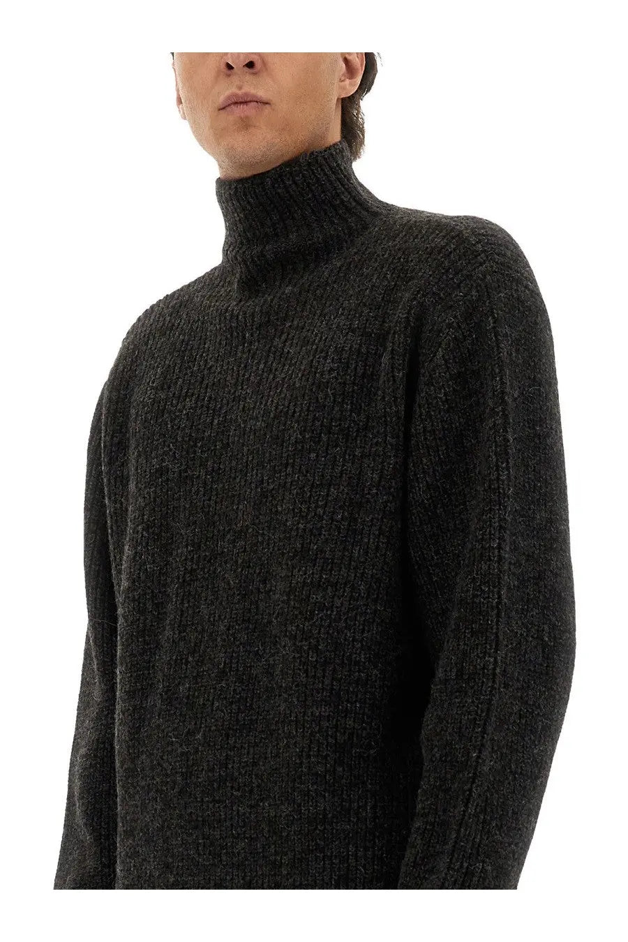Lemaire men’s black dark gray textured knit turtleneck sweater made of cozy material for cold weather wear