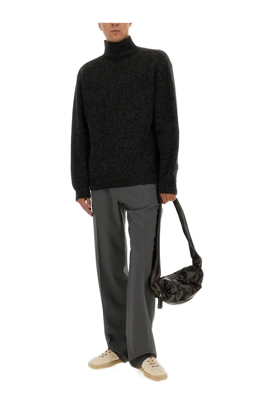 Black textured knit turtleneck sweater by Lemaire featuring a cozy high collar for men’s winter wear