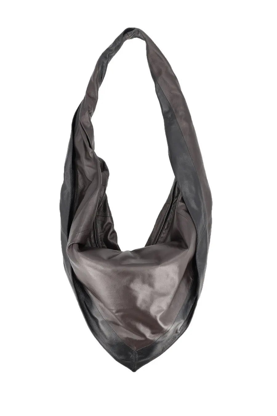 Dark gray leather hobo bag with soft draped silhouette and visible stitching from lemaire unisex bag scarf black collection